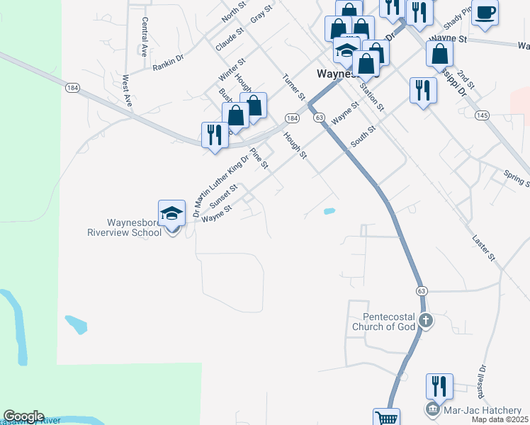 map of restaurants, bars, coffee shops, grocery stores, and more near Zion Street in Waynesboro