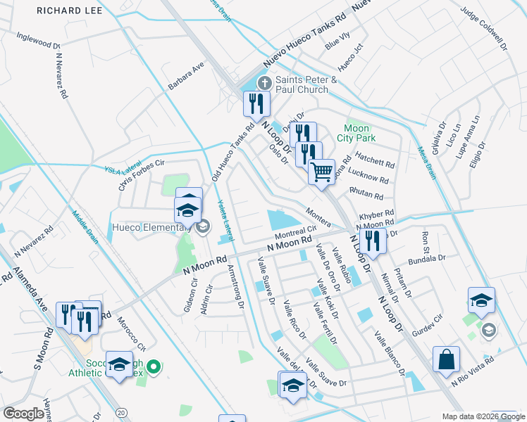 map of restaurants, bars, coffee shops, grocery stores, and more near 10108 Montreal Circle in Socorro