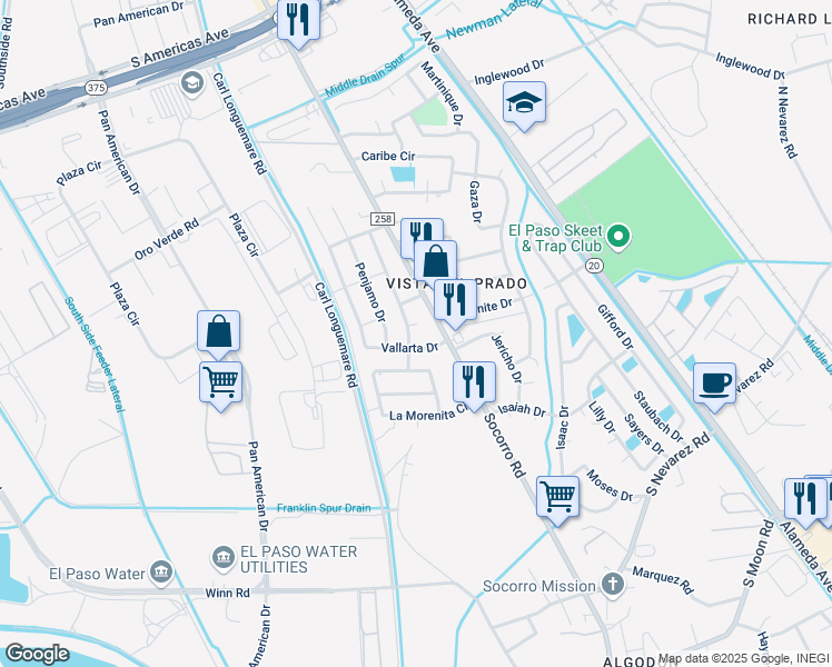 map of restaurants, bars, coffee shops, grocery stores, and more near 312 Silao Court in El Paso