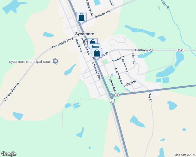 map of restaurants, bars, coffee shops, grocery stores, and more near 180 South Railroad Avenue in Sycamore
