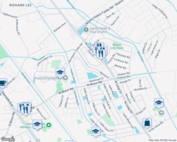 map of restaurants, bars, coffee shops, grocery stores, and more near 10108 Montreal Cir in Socorro