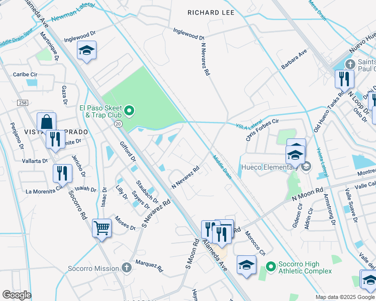 map of restaurants, bars, coffee shops, grocery stores, and more near 127 Skylight Circle in Socorro