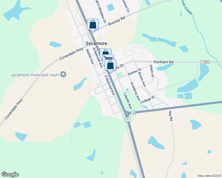map of restaurants, bars, coffee shops, grocery stores, and more near 180 South Railroad Avenue in Sycamore