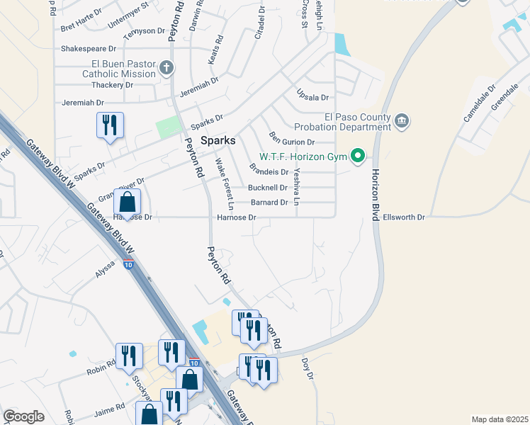 map of restaurants, bars, coffee shops, grocery stores, and more near 12931 Barnard Drive in El Paso
