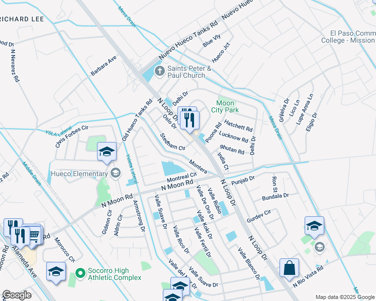 map of restaurants, bars, coffee shops, grocery stores, and more near 10110 Oslo Drive in Socorro