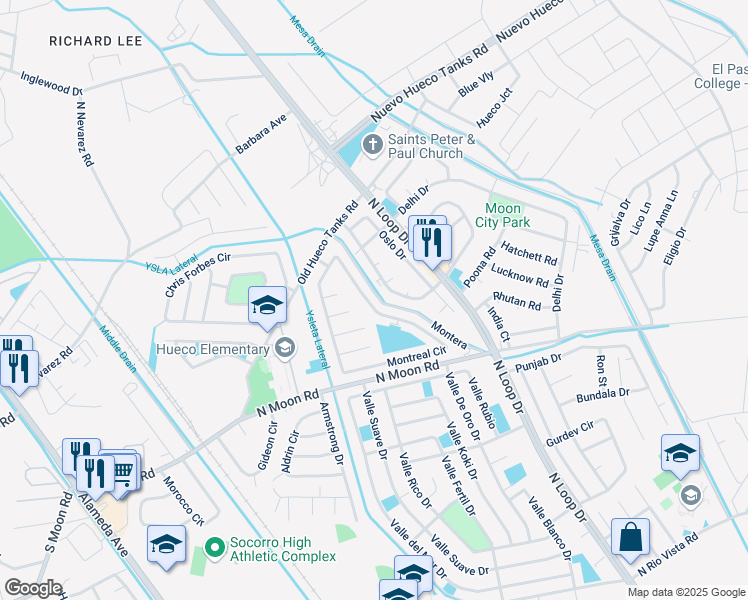 map of restaurants, bars, coffee shops, grocery stores, and more near 10092 Stedham Circle in Socorro