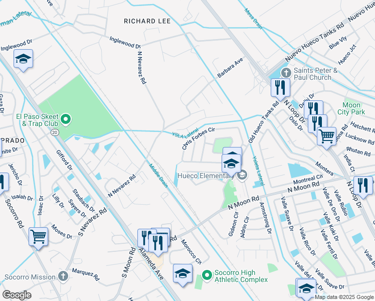 map of restaurants, bars, coffee shops, grocery stores, and more near 1080 Chris Forbes Circle in Socorro