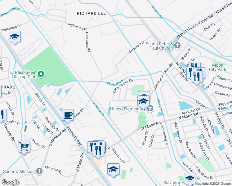 map of restaurants, bars, coffee shops, grocery stores, and more near 1080 Chris Forbes Circle in Socorro