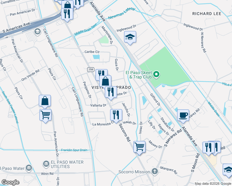 map of restaurants, bars, coffee shops, grocery stores, and more near 232 Zacharias Court in El Paso
