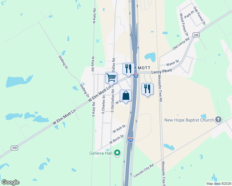 map of restaurants, bars, coffee shops, grocery stores, and more near 108 Old Dallas Road in Elm Mott