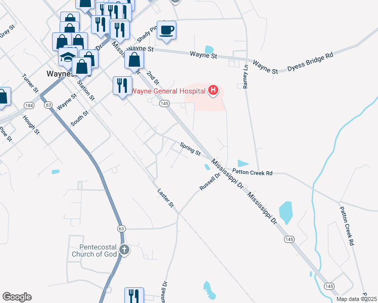 map of restaurants, bars, coffee shops, grocery stores, and more near Mitchell Street in Waynesboro