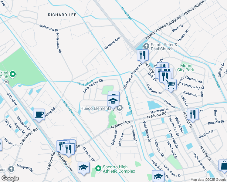 map of restaurants, bars, coffee shops, grocery stores, and more near 1001 Callisto Court in Socorro