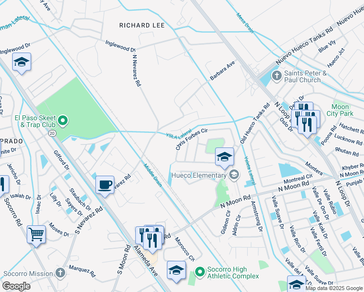 map of restaurants, bars, coffee shops, grocery stores, and more near 1080 Chris Forbes Circle in Socorro