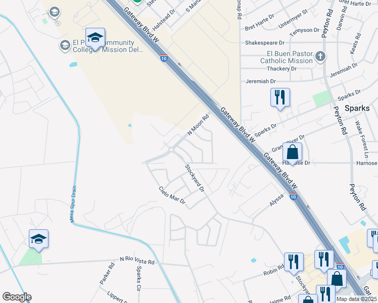 map of restaurants, bars, coffee shops, grocery stores, and more near 11145 Ida Coldwell Lane in El Paso
