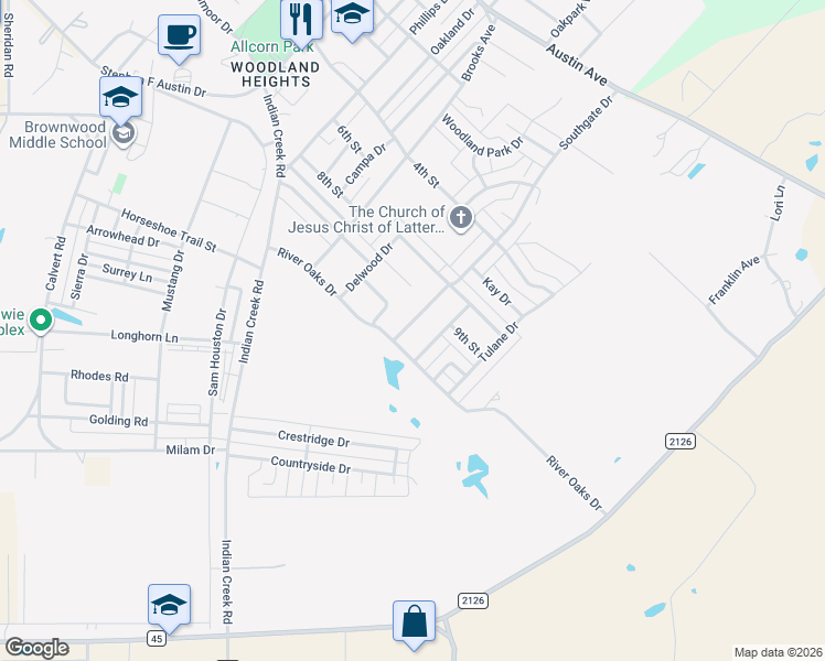 map of restaurants, bars, coffee shops, grocery stores, and more near 1716 Southgate Drive in Brownwood