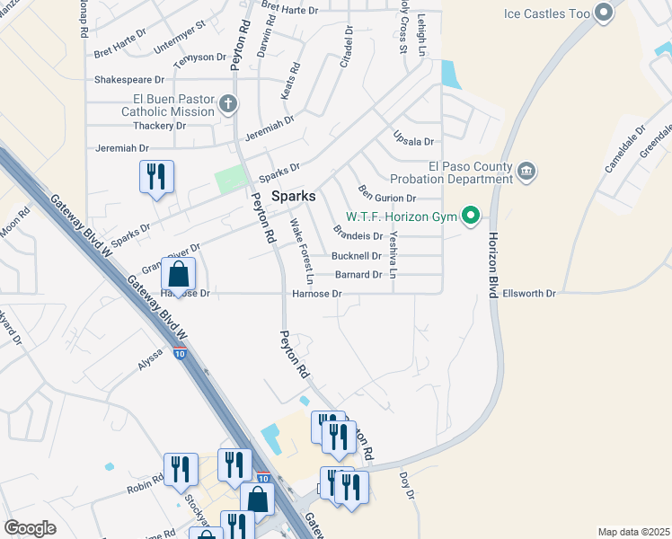 map of restaurants, bars, coffee shops, grocery stores, and more near 12931 Barnard Drive in El Paso