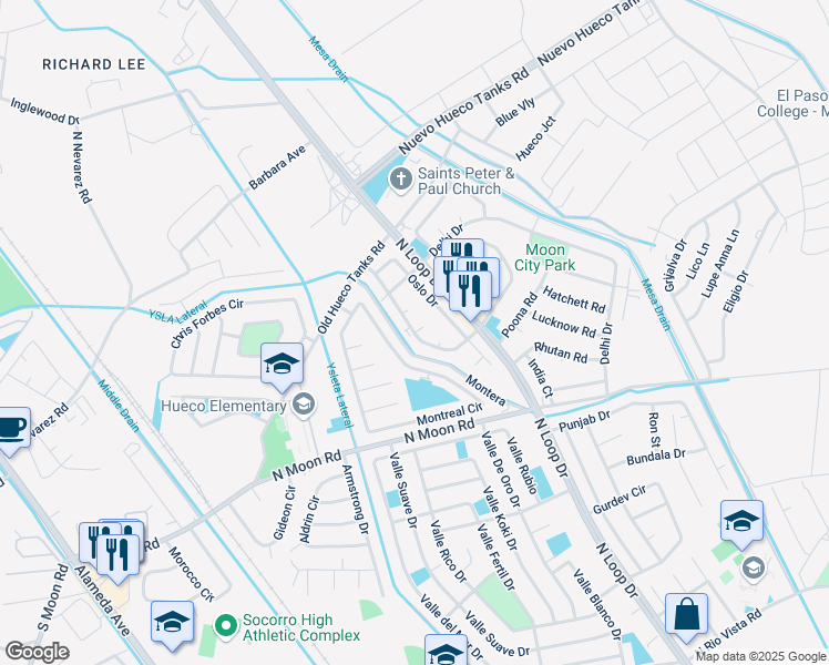 map of restaurants, bars, coffee shops, grocery stores, and more near 10092 Stedham Circle in Socorro
