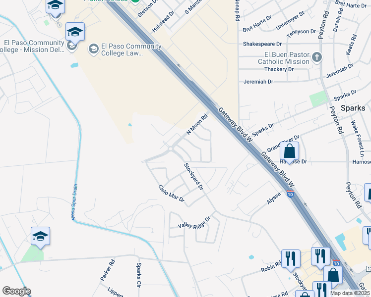 map of restaurants, bars, coffee shops, grocery stores, and more near 11145 Ida Coldwell Lane in El Paso