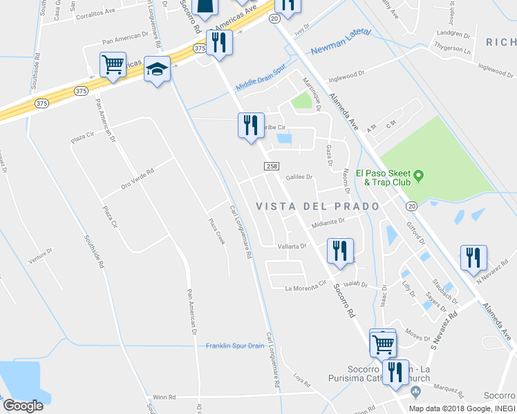 map of restaurants, bars, coffee shops, grocery stores, and more near 9717 Penjamo Drive in El Paso