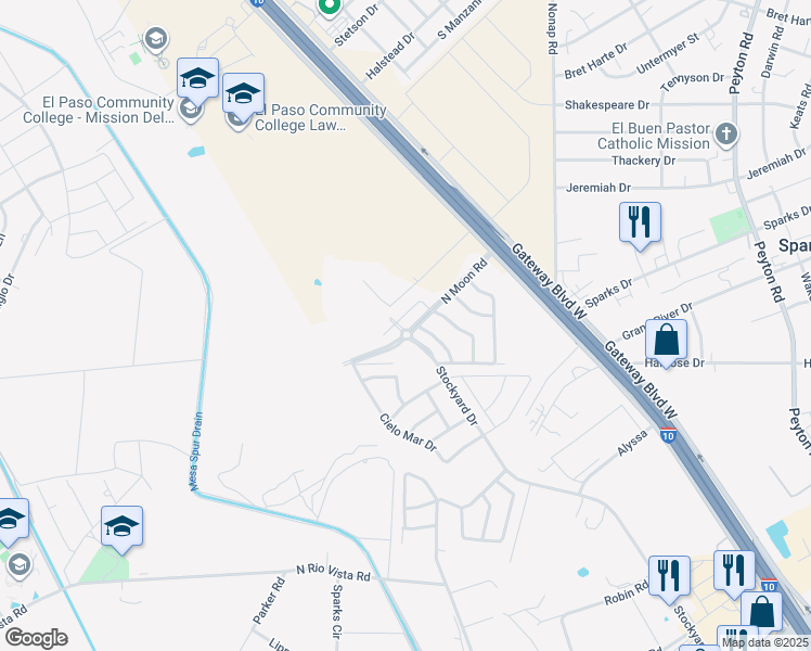 map of restaurants, bars, coffee shops, grocery stores, and more near 11120 Ida Coldwell Lane in El Paso