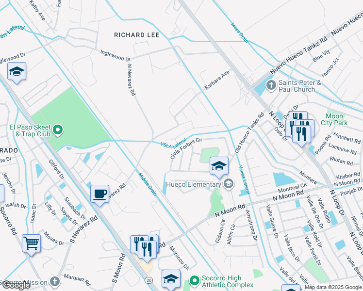 map of restaurants, bars, coffee shops, grocery stores, and more near 1073 Chris Forbes in Socorro