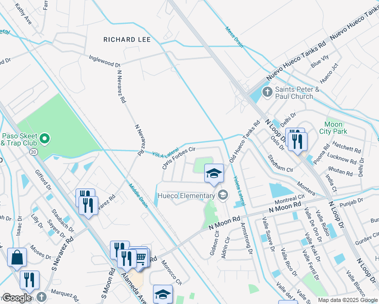 map of restaurants, bars, coffee shops, grocery stores, and more near 1060 Chris Forbes Circle in Socorro