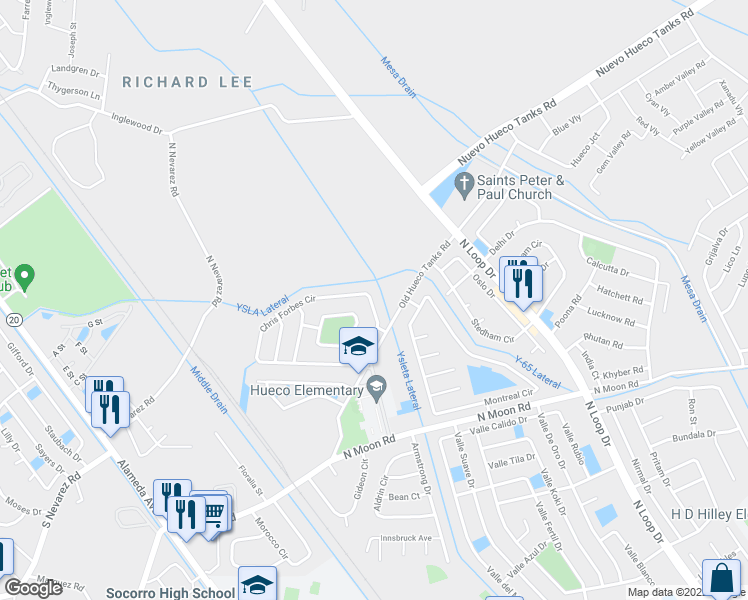 map of restaurants, bars, coffee shops, grocery stores, and more near 1027 Chris Forbes Circle in Socorro