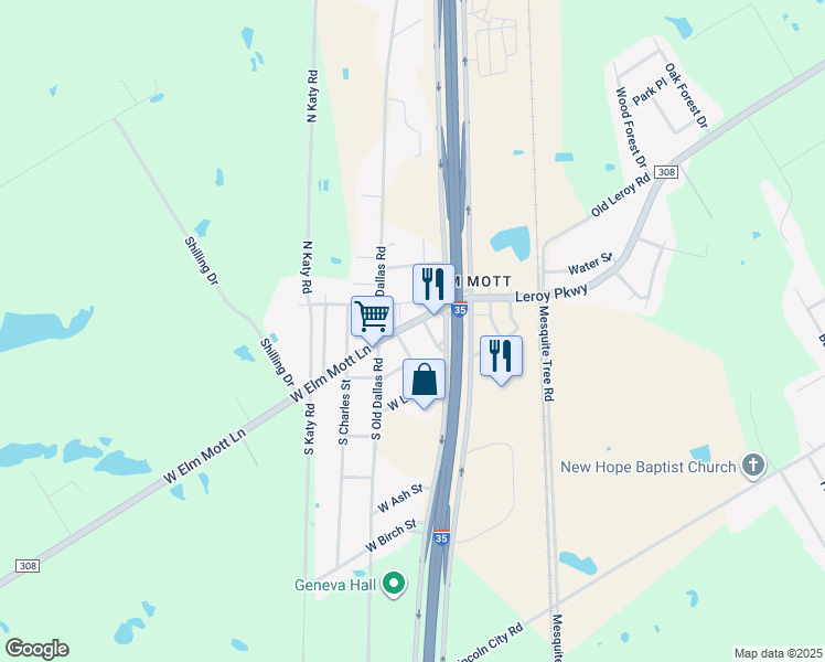 map of restaurants, bars, coffee shops, grocery stores, and more near 101 Mesquite Street in Elm Mott