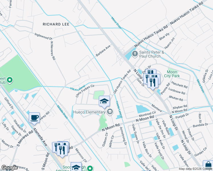 map of restaurants, bars, coffee shops, grocery stores, and more near 1036 Chris Forbes Circle in El Paso