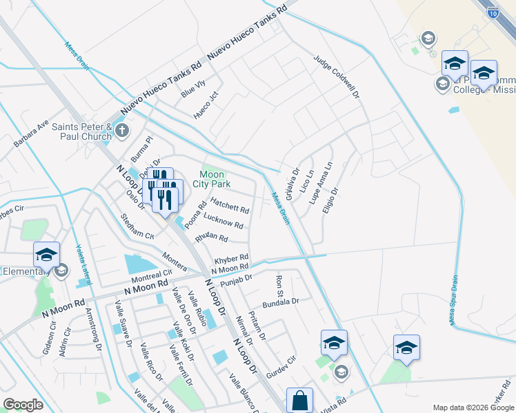 map of restaurants, bars, coffee shops, grocery stores, and more near 10260 Calcutta Drive in Socorro