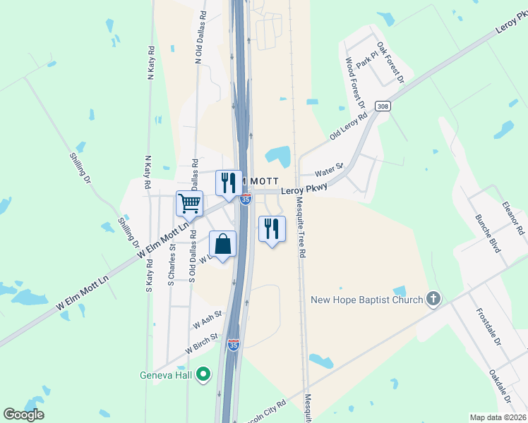 map of restaurants, bars, coffee shops, grocery stores, and more near 154 South Church Street in Elm Mott