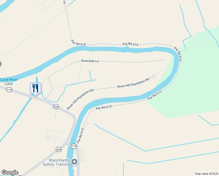map of restaurants, bars, coffee shops, grocery stores, and more near Rose Hill Plantation Road in Natchitoches Parish