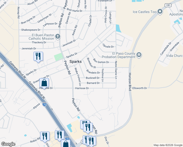 map of restaurants, bars, coffee shops, grocery stores, and more near 12944 Brandeis Drive in El Paso