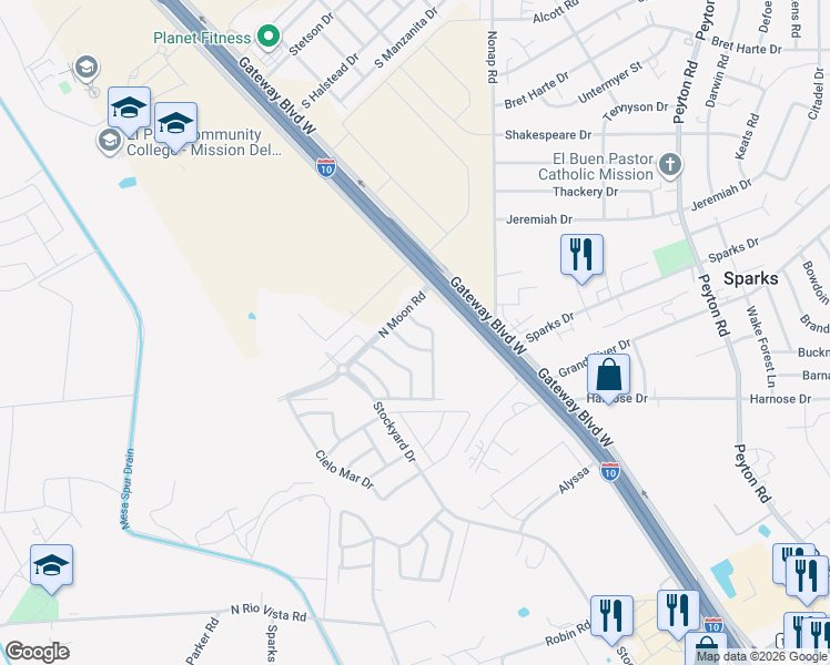 map of restaurants, bars, coffee shops, grocery stores, and more near 11136 Colbert Coldwell Lane in Socorro