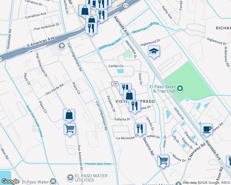 map of restaurants, bars, coffee shops, grocery stores, and more near 9706 Ahumada Drive in El Paso