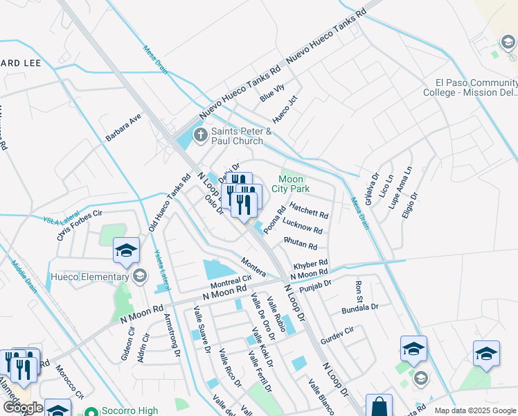 map of restaurants, bars, coffee shops, grocery stores, and more near 644 Stedham Circle in Socorro