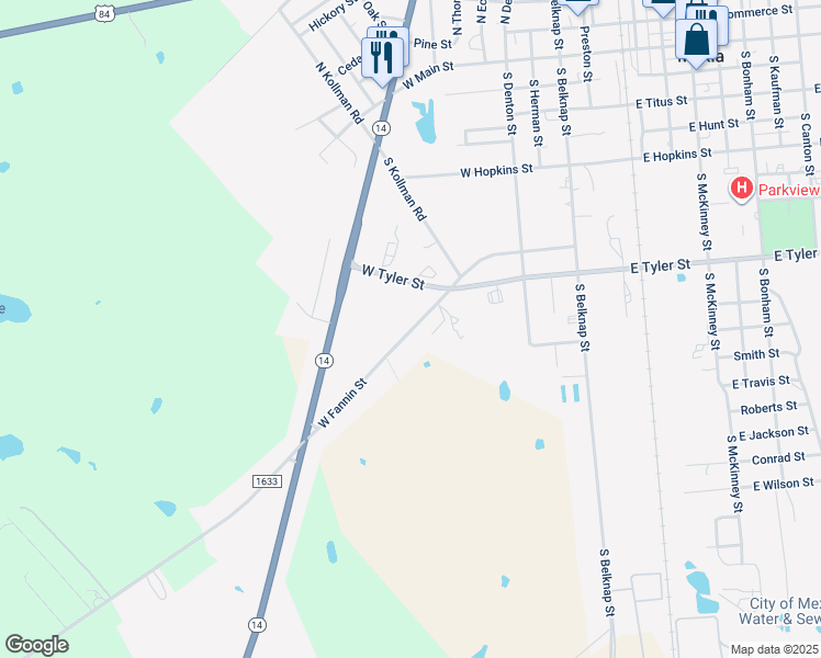 map of restaurants, bars, coffee shops, grocery stores, and more near 706 West Fannin Street in Mexia