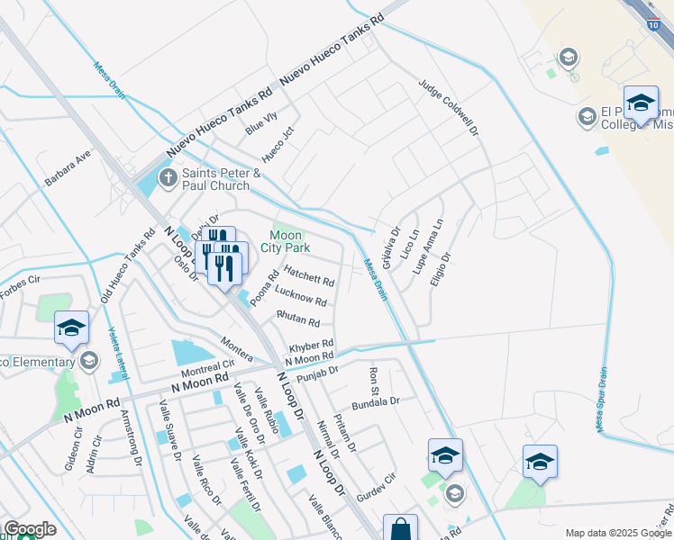 map of restaurants, bars, coffee shops, grocery stores, and more near 10260 Calcutta Drive in Socorro