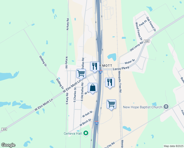 map of restaurants, bars, coffee shops, grocery stores, and more near 101 Mesquite Street in Elm Mott