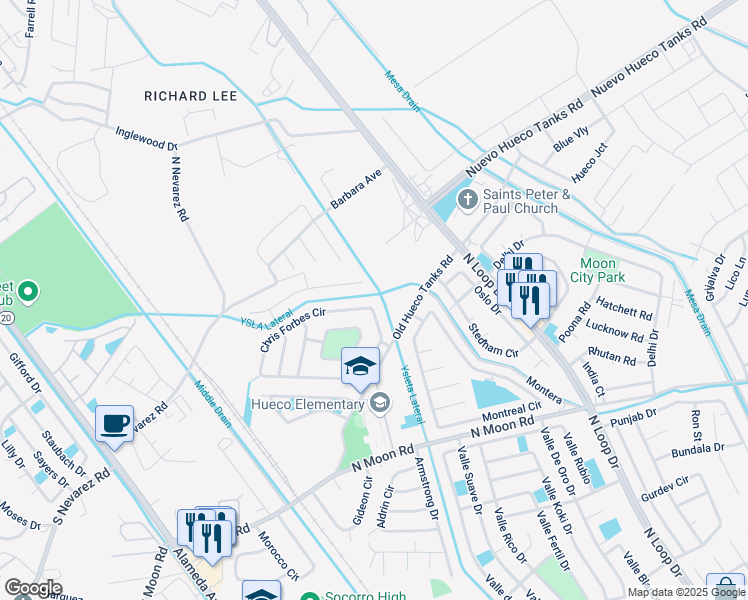 map of restaurants, bars, coffee shops, grocery stores, and more near 1033 Chris Forbes Circle in Socorro