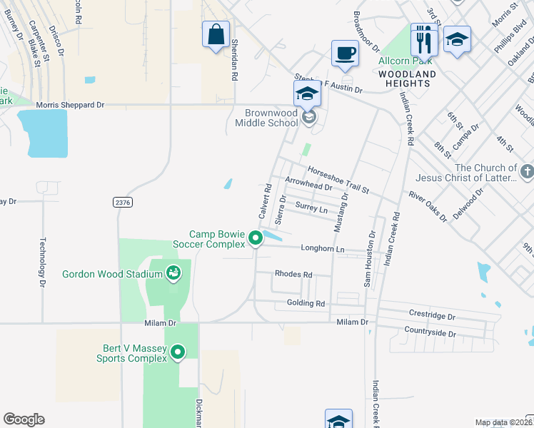 map of restaurants, bars, coffee shops, grocery stores, and more near 2106 Calvert Road in Brownwood