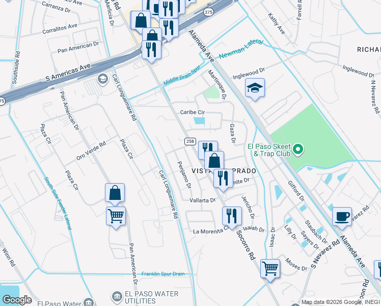 map of restaurants, bars, coffee shops, grocery stores, and more near 9706 Ahumada Drive in El Paso