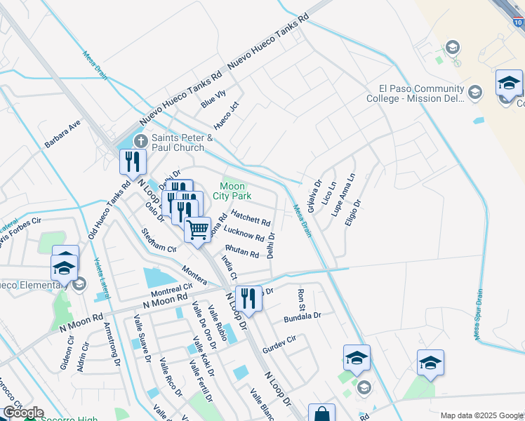 map of restaurants, bars, coffee shops, grocery stores, and more near 10260 Calcutta Drive in Socorro