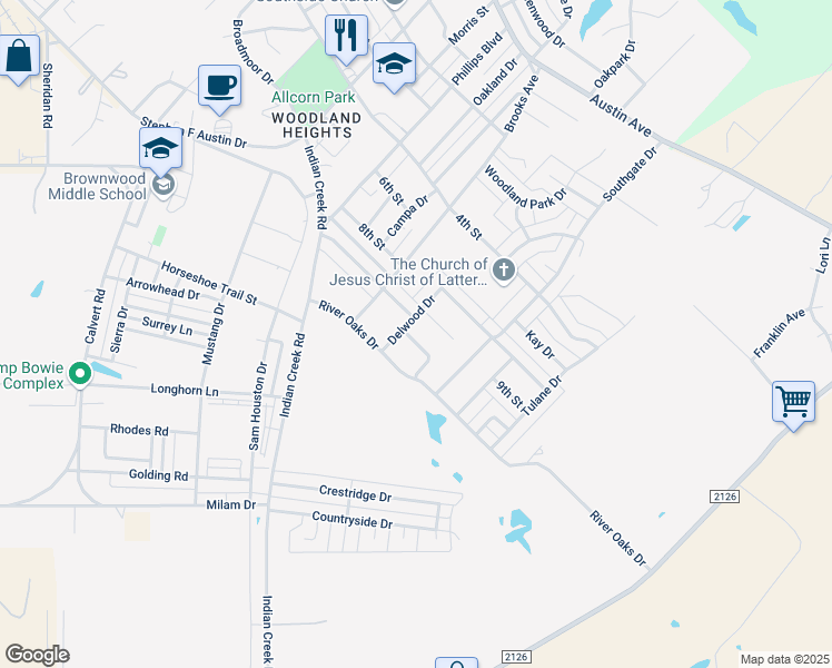 map of restaurants, bars, coffee shops, grocery stores, and more near 4404 Rosewood Drive in Brownwood