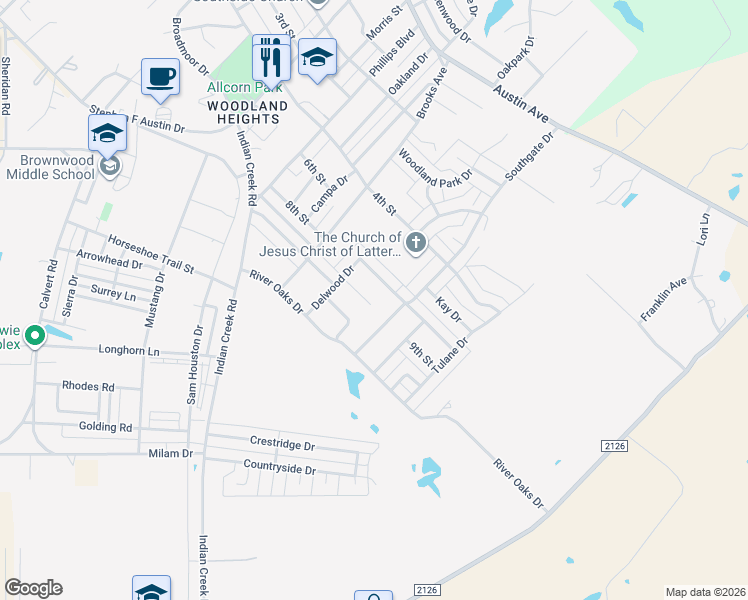 map of restaurants, bars, coffee shops, grocery stores, and more near 4412 Mcarthur Circle in Brownwood