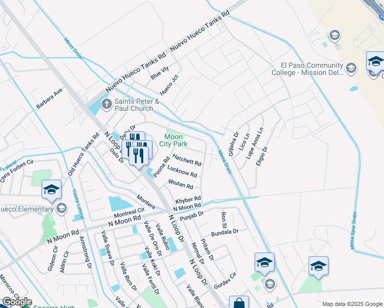 map of restaurants, bars, coffee shops, grocery stores, and more near 10217 Hatchett Road in Socorro