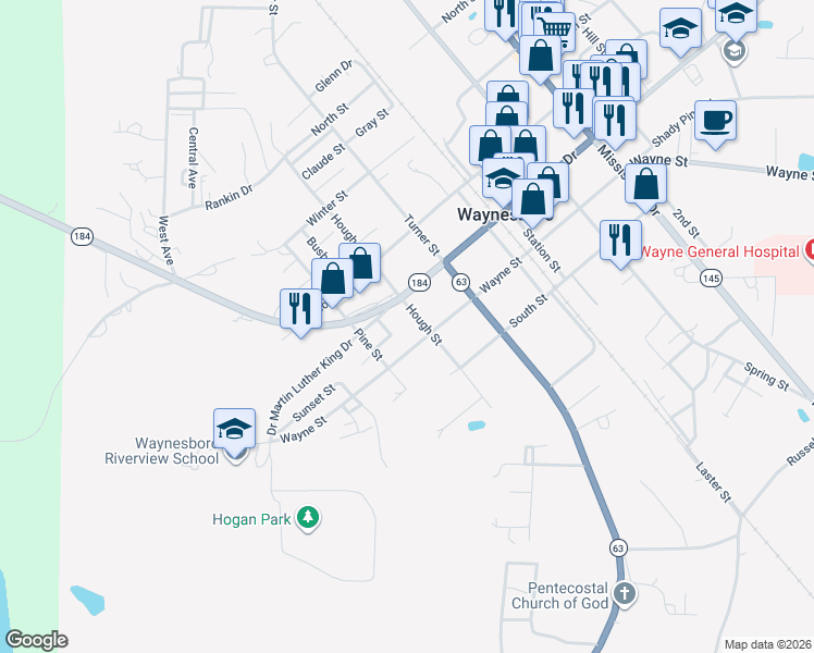 map of restaurants, bars, coffee shops, grocery stores, and more near 707 Hough Street in Waynesboro