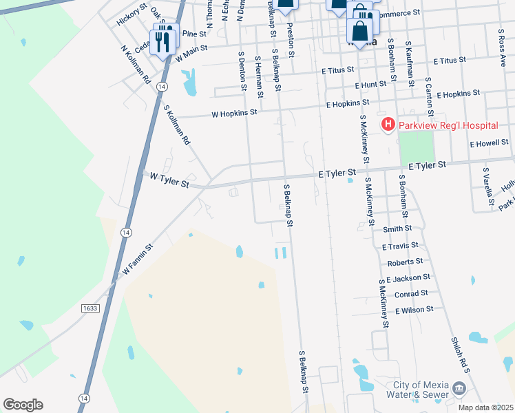 map of restaurants, bars, coffee shops, grocery stores, and more near 717 South Denton Street in Mexia