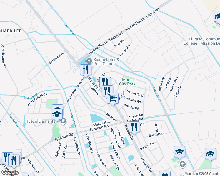 map of restaurants, bars, coffee shops, grocery stores, and more near 644 Stedham Circle in Socorro