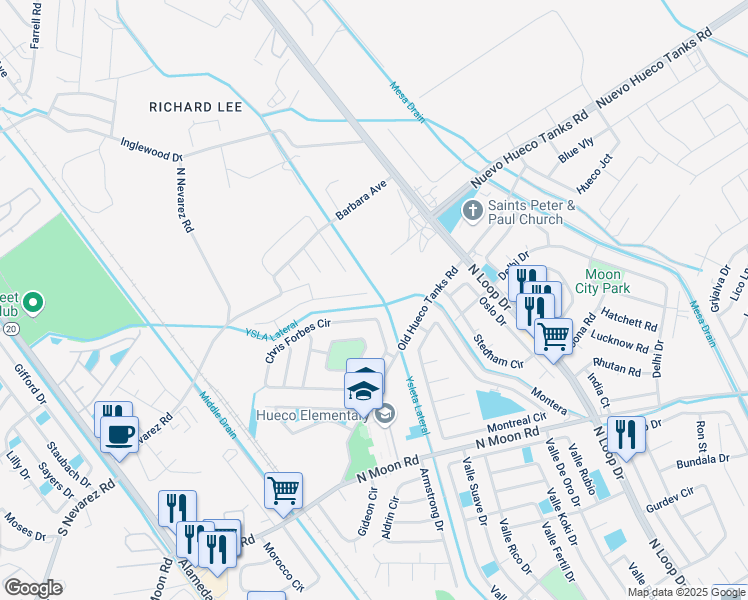 map of restaurants, bars, coffee shops, grocery stores, and more near 1033 Chris Forbes Circle in Socorro